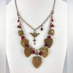 Hearts Pendant Necklace, Handmade, Red Crystals, Angel, Retro Victorian